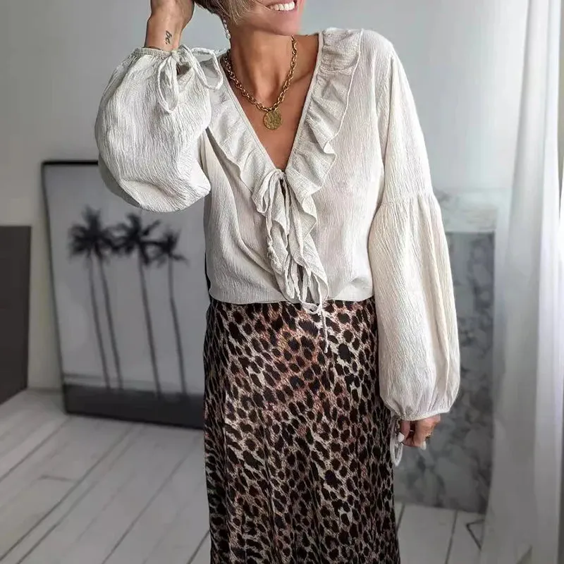 MQTIME  -  Ladies Office Solid Color Lace Up Top Tees Elegant High Street Long Sleeved Blouses New Spring Casual Ruffled V-Neck Loose Shirt