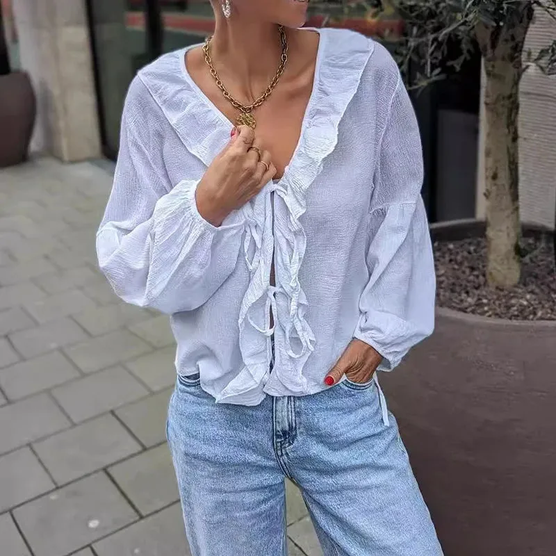 MQTIME  -  Ladies Office Solid Color Lace Up Top Tees Elegant High Street Long Sleeved Blouses New Spring Casual Ruffled V-Neck Loose Shirt