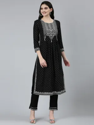 Neeru's Black Regular Straight Floral Kurta Sets And Trousers