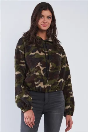 Olive Green Camo-Print Hoodie Sweater