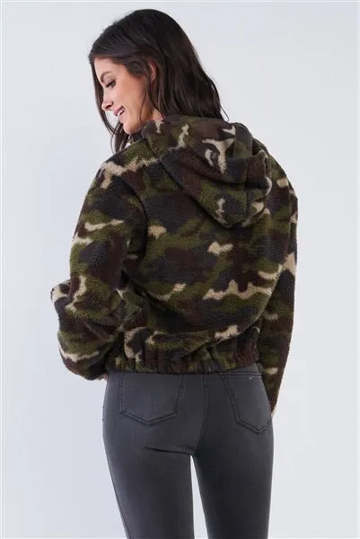 Olive Green Camo-Print Hoodie Sweater