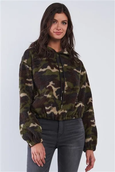 Olive Green Camo-Print Hoodie Sweater