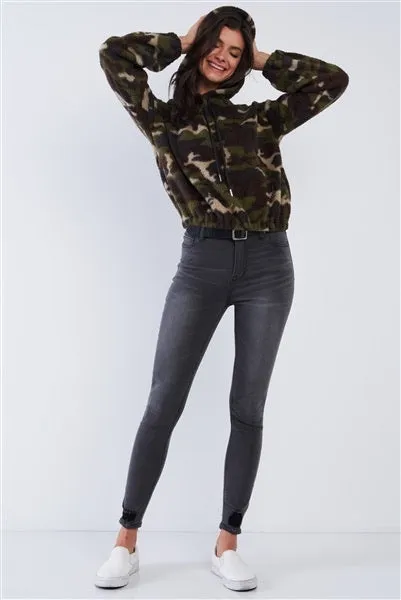 Olive Green Camo-Print Hoodie Sweater