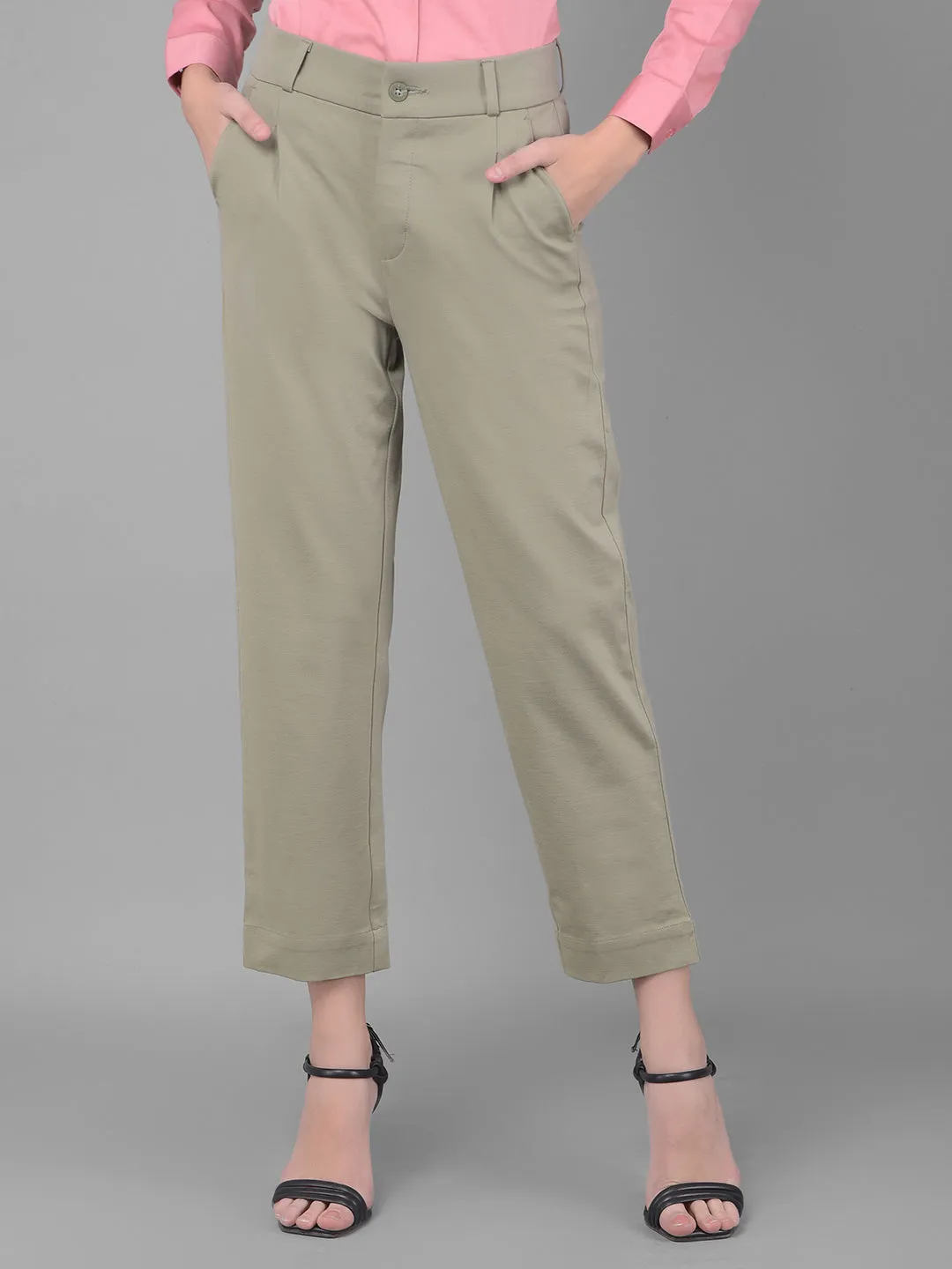 Olive Pleated Straight Trousers