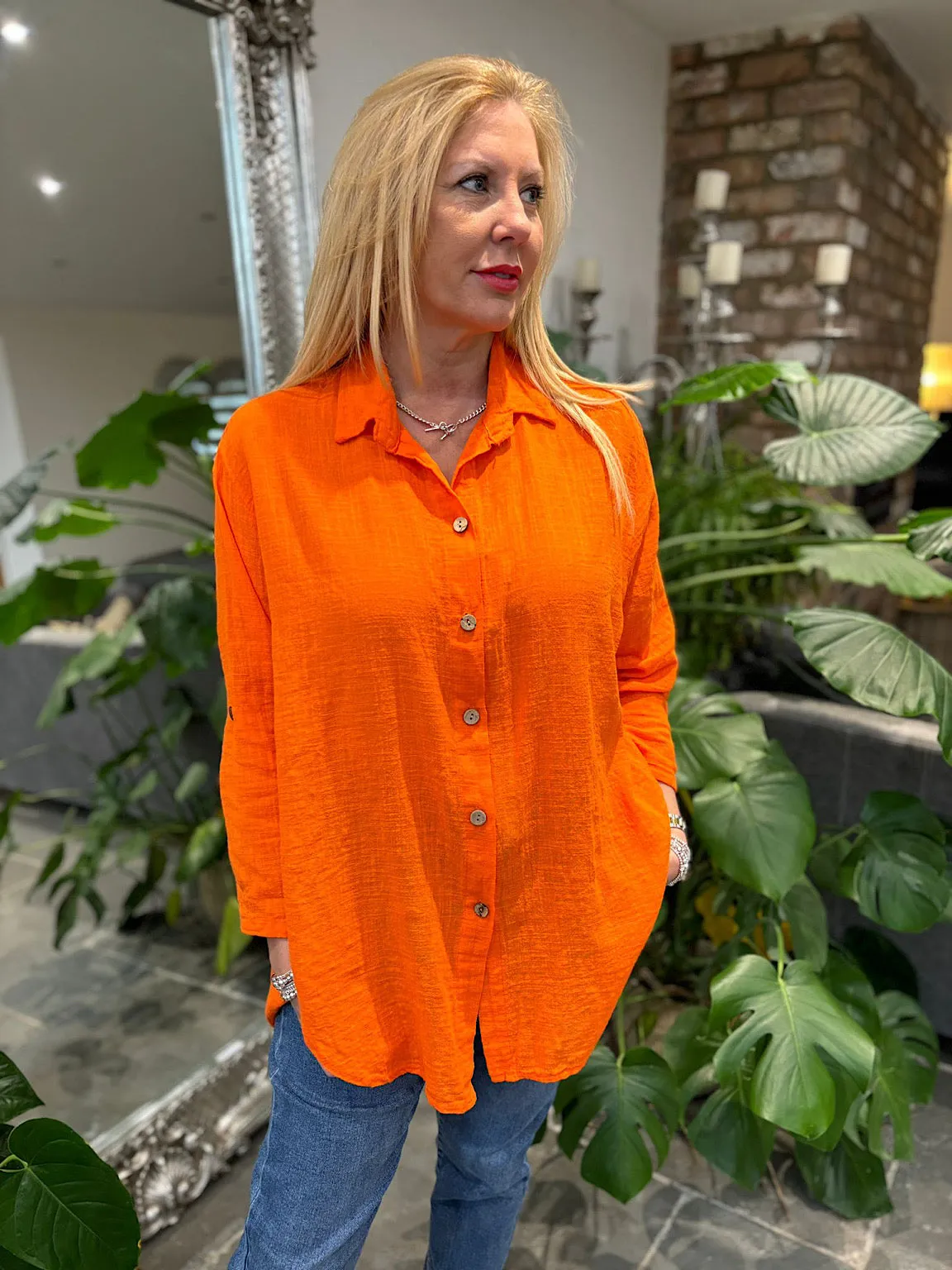 Orange Cotton Button Sleeve Blouse Katie