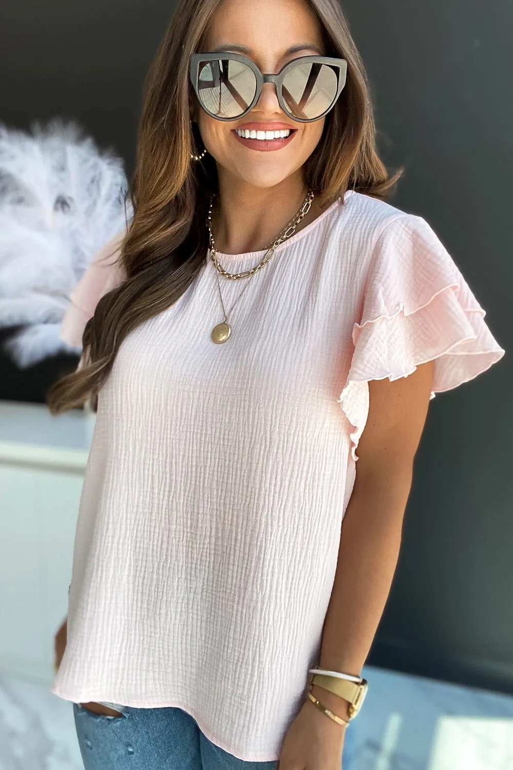 Pink Textured Tiered Ruffled Short Sleeve Blouse