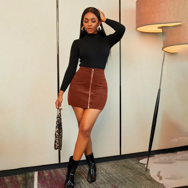 Pocket Zipper Front Corduroy Skirt
