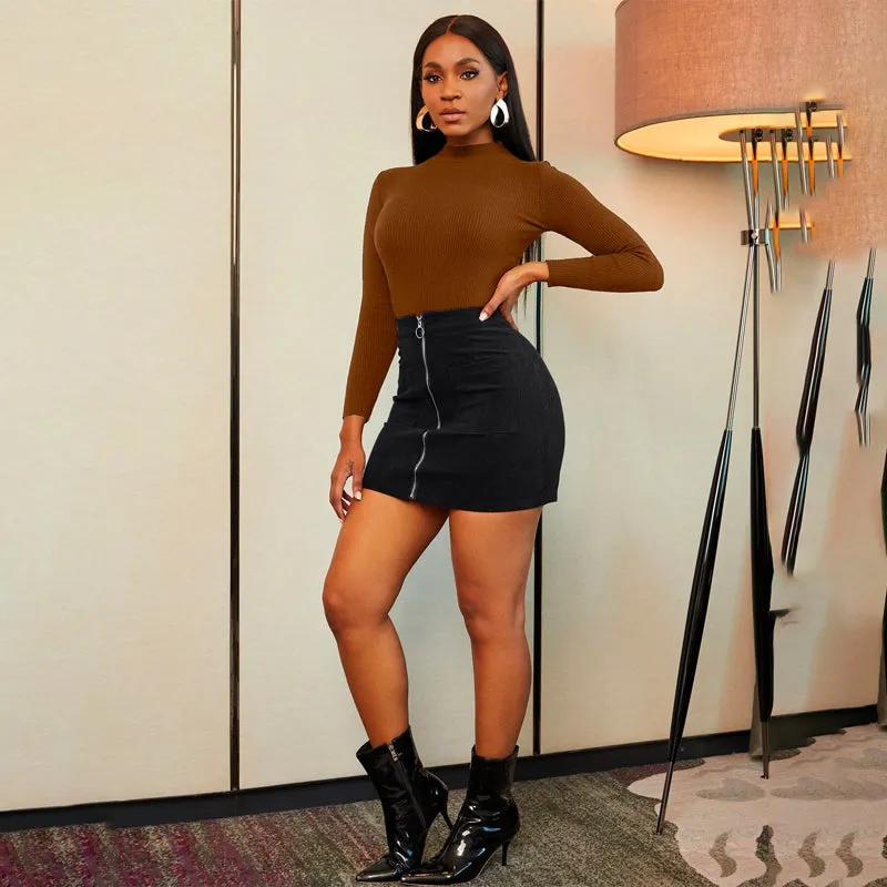 Pocket Zipper Front Corduroy Skirt