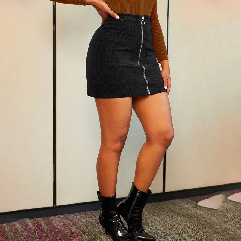 Pocket Zipper Front Corduroy Skirt