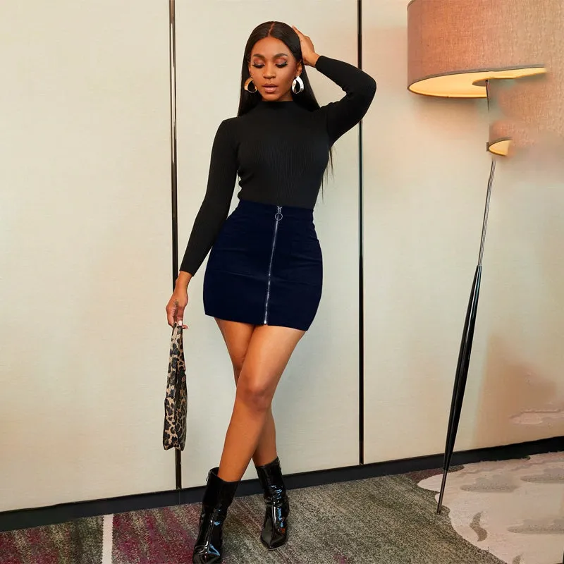 Pocket Zipper Front Corduroy Skirt