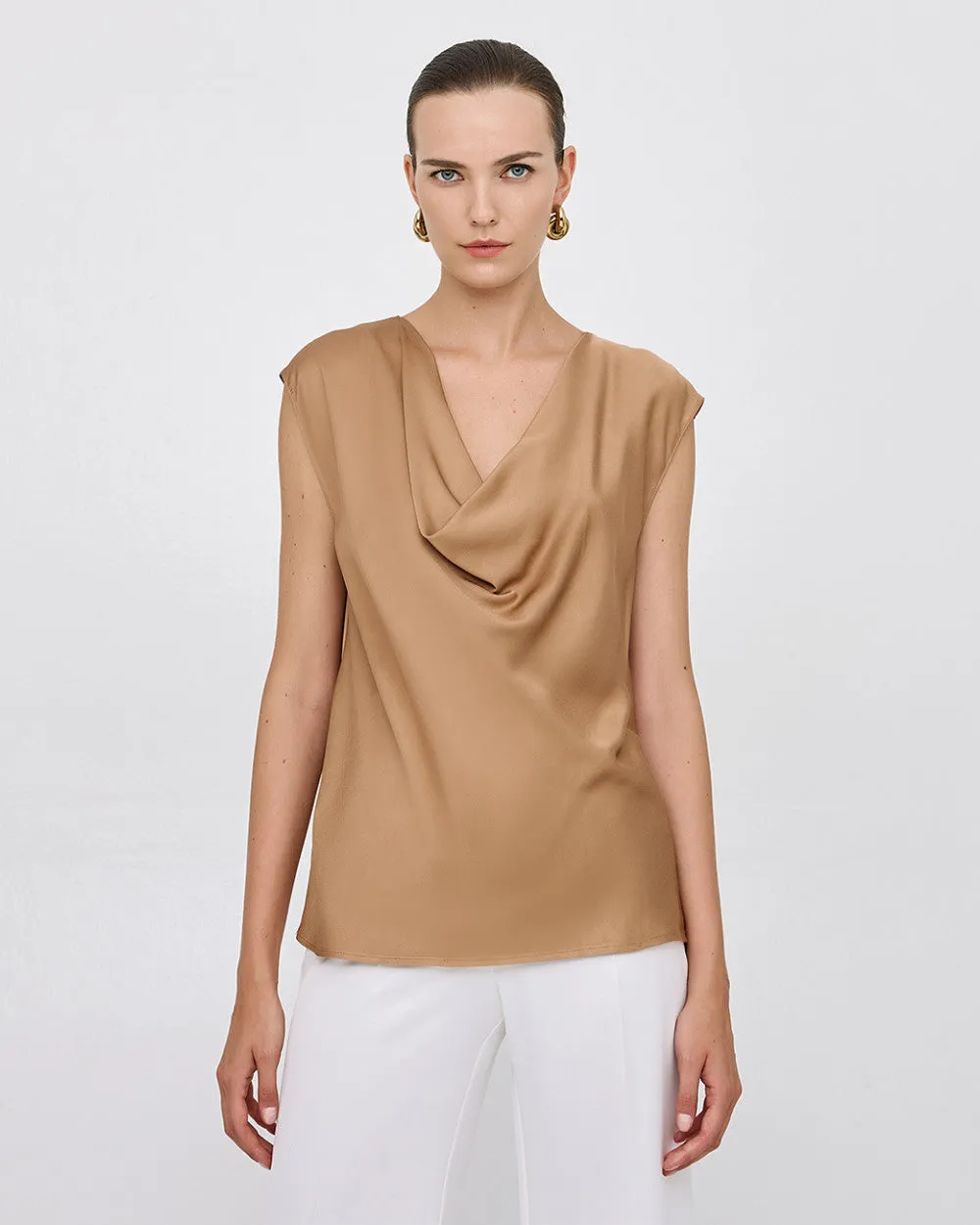 SALE Sleeveless Top with a Draped Neckline- Gold