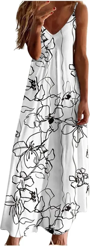 Sexy Dresses for Women Floral Print Spaghetti Strap Boho Dress Summer Elegant V Neck Ruffle Maxi Dress Party Evening