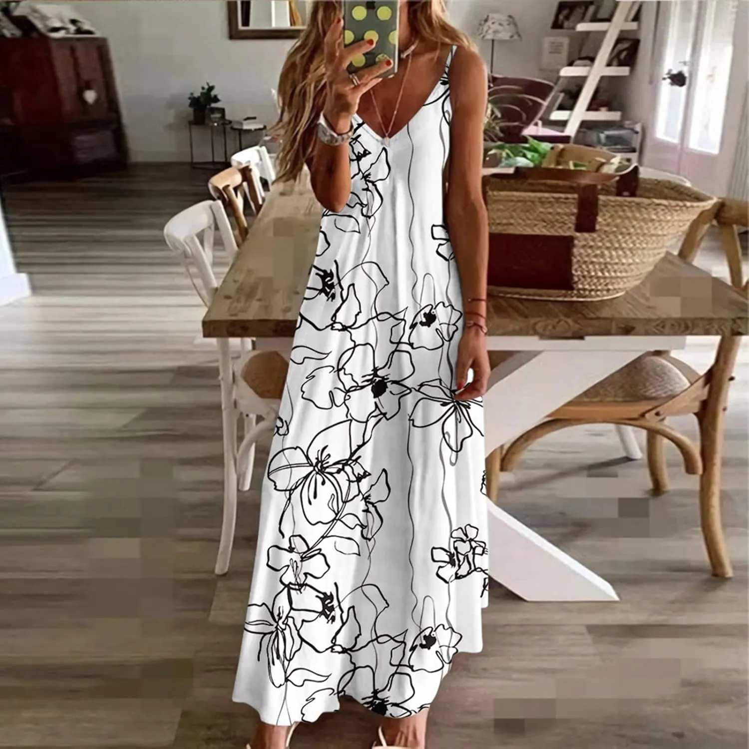 Sexy Dresses for Women Floral Print Spaghetti Strap Boho Dress Summer Elegant V Neck Ruffle Maxi Dress Party Evening