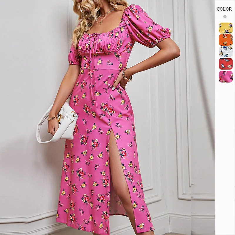 Split Floral Print Drawstring Midi Dress