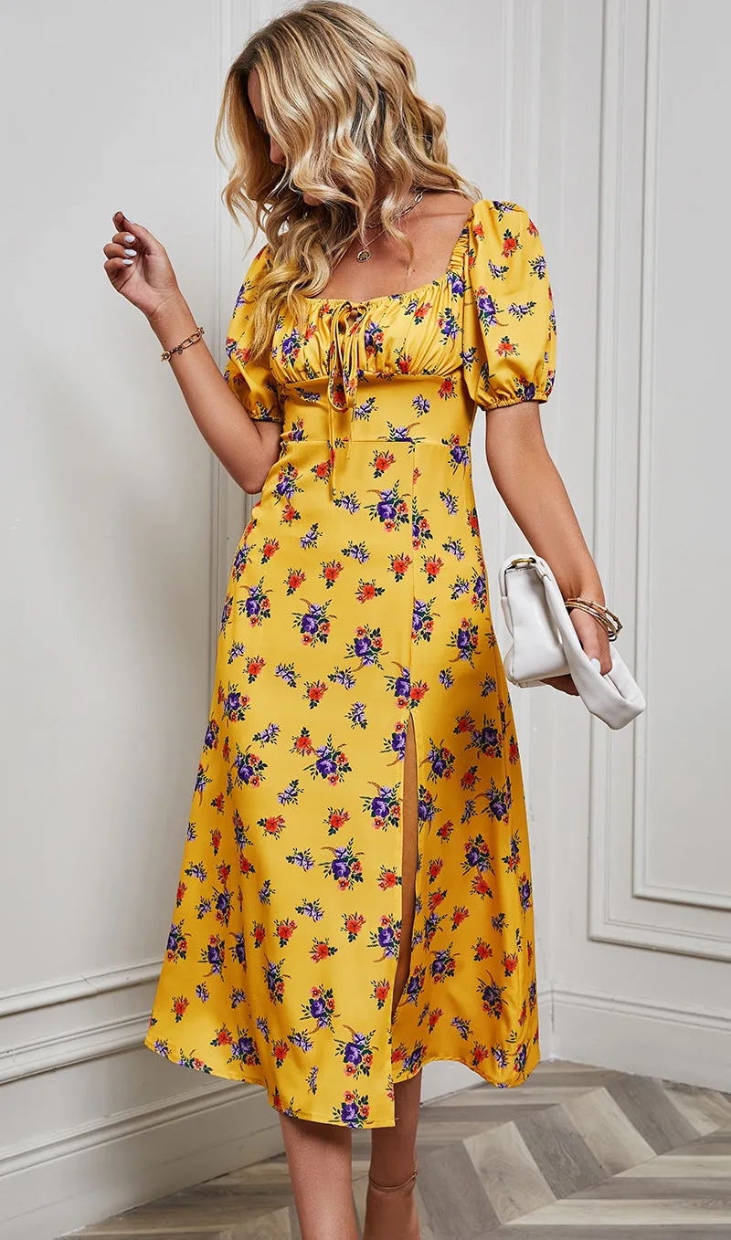 Split Floral Print Drawstring Midi Dress