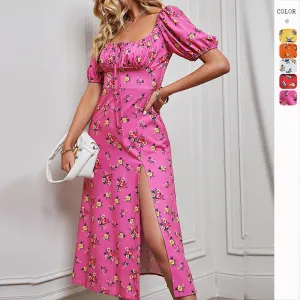 Split Floral Print Drawstring Midi Dress