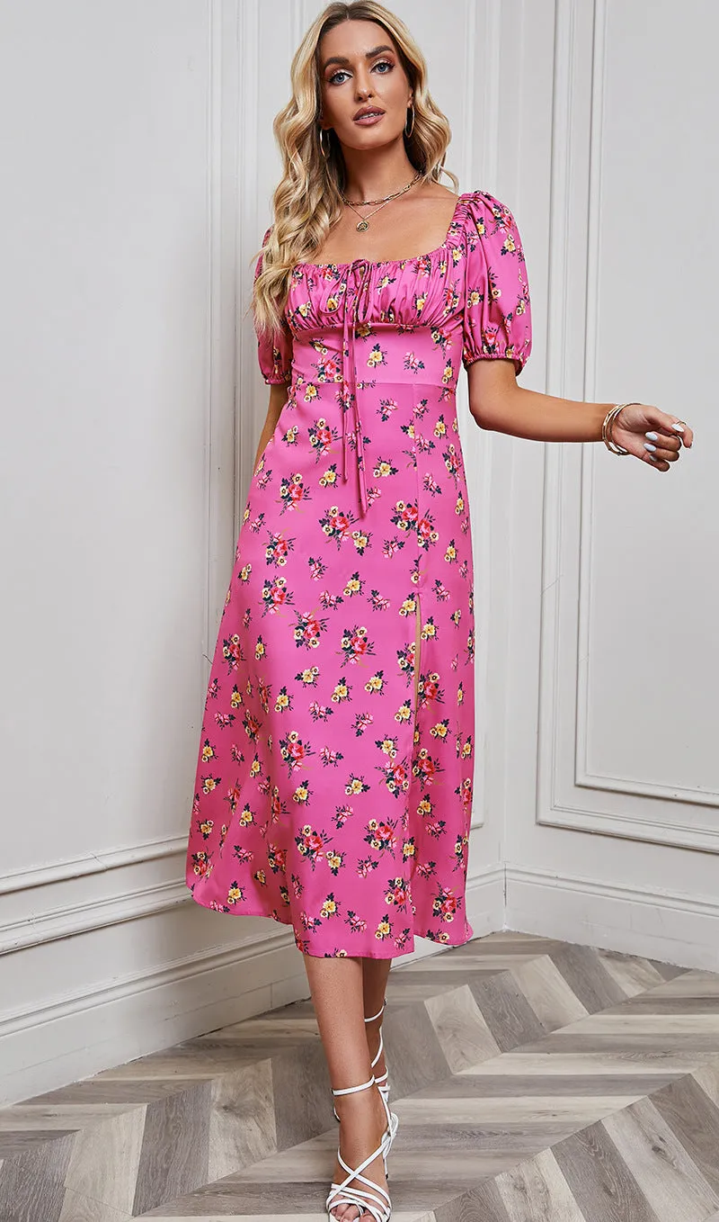 Split Floral Print Drawstring Midi Dress