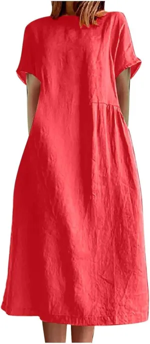 Summer Beach Dresses for Women 2025 Short Sleeve Cotton Linen Midi Dress Flowy A Line Dresses Shirt Dress with Pocket