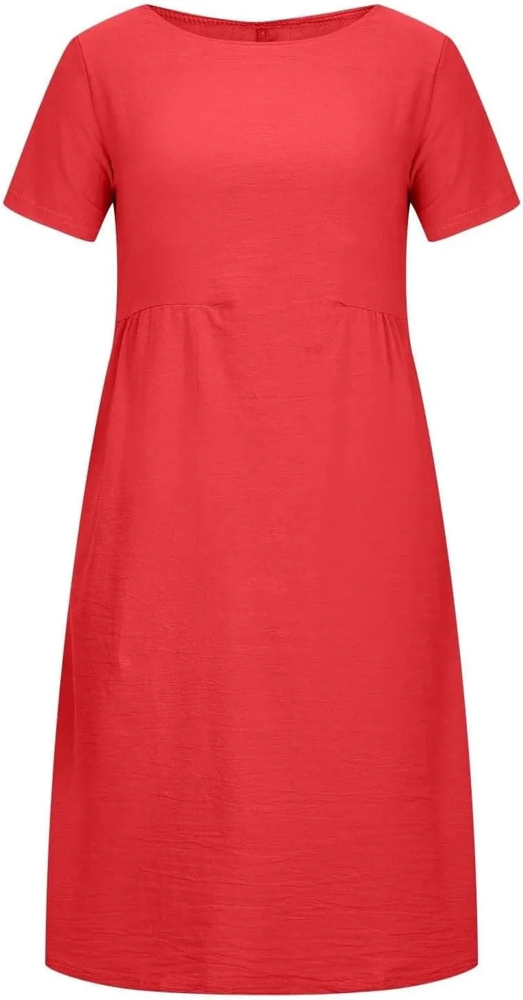 Summer Beach Dresses for Women 2025 Short Sleeve Cotton Linen Midi Dress Flowy A Line Dresses Shirt Dress with Pocket