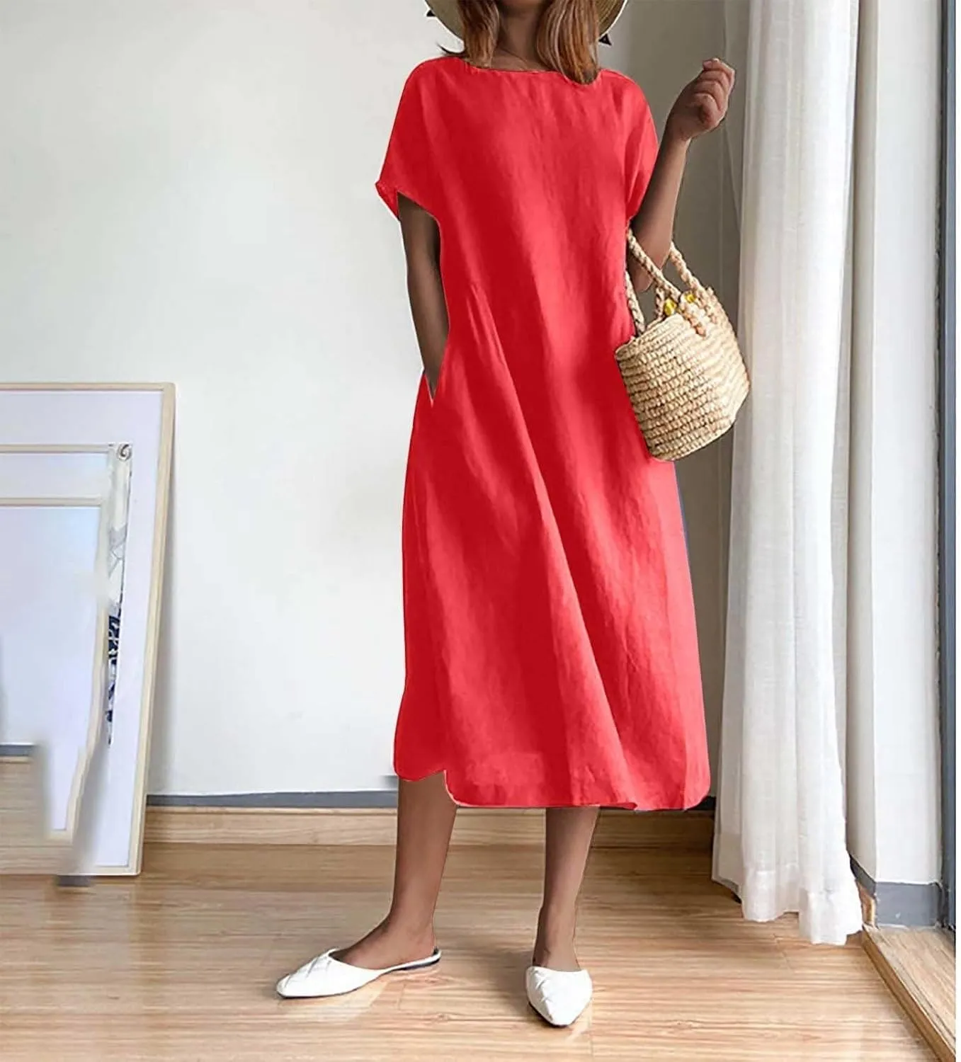 Summer Beach Dresses for Women 2025 Short Sleeve Cotton Linen Midi Dress Flowy A Line Dresses Shirt Dress with Pocket