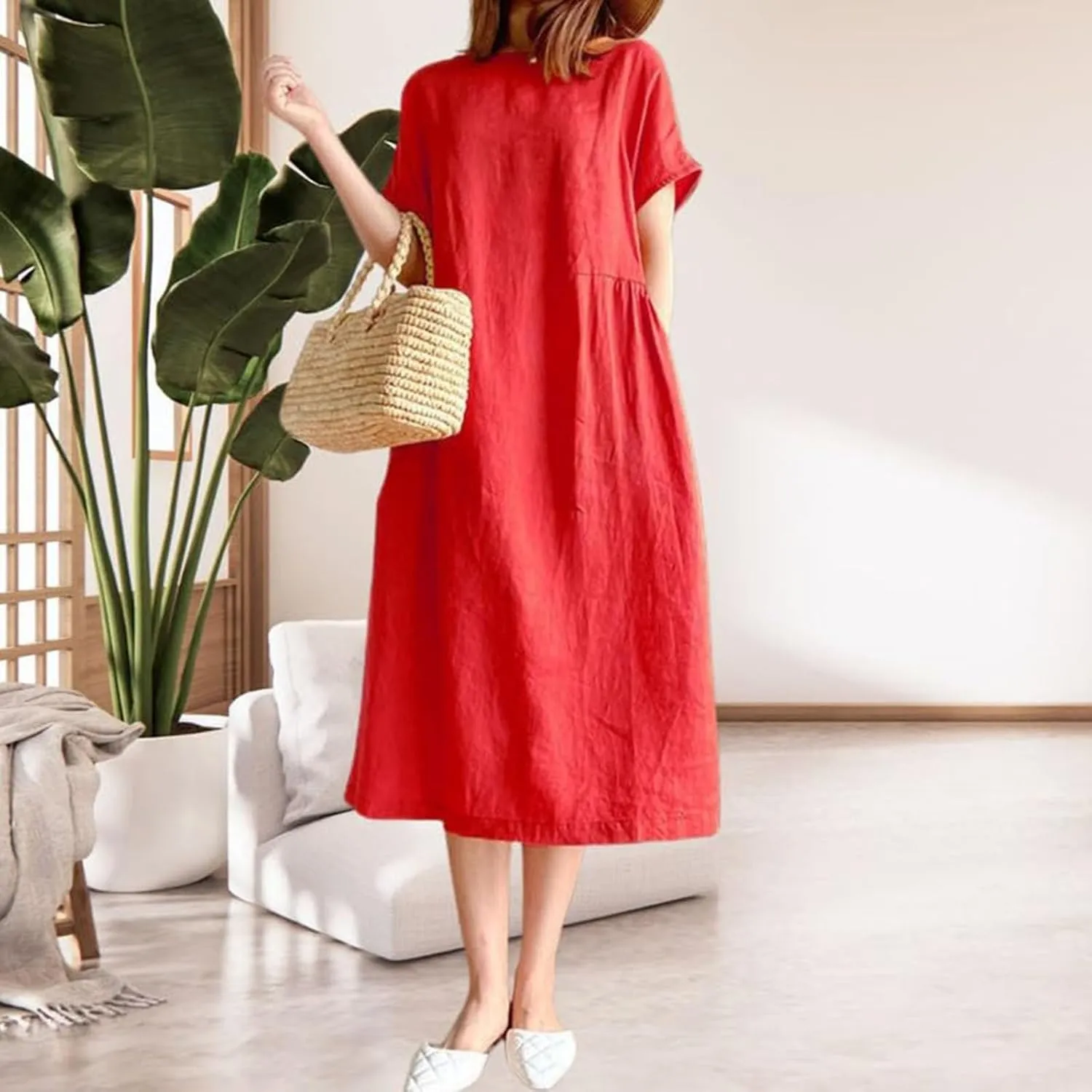 Summer Beach Dresses for Women 2025 Short Sleeve Cotton Linen Midi Dress Flowy A Line Dresses Shirt Dress with Pocket