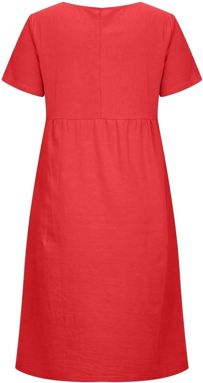 Summer Beach Dresses for Women 2025 Short Sleeve Cotton Linen Midi Dress Flowy A Line Dresses Shirt Dress with Pocket