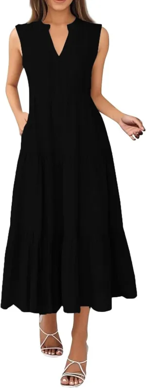 Summer Dresses for Women 2025 Casual Boho Maxi Sundresses Sleeveless V-Neck Pleated Dresses Beach Vacation Tank Dress