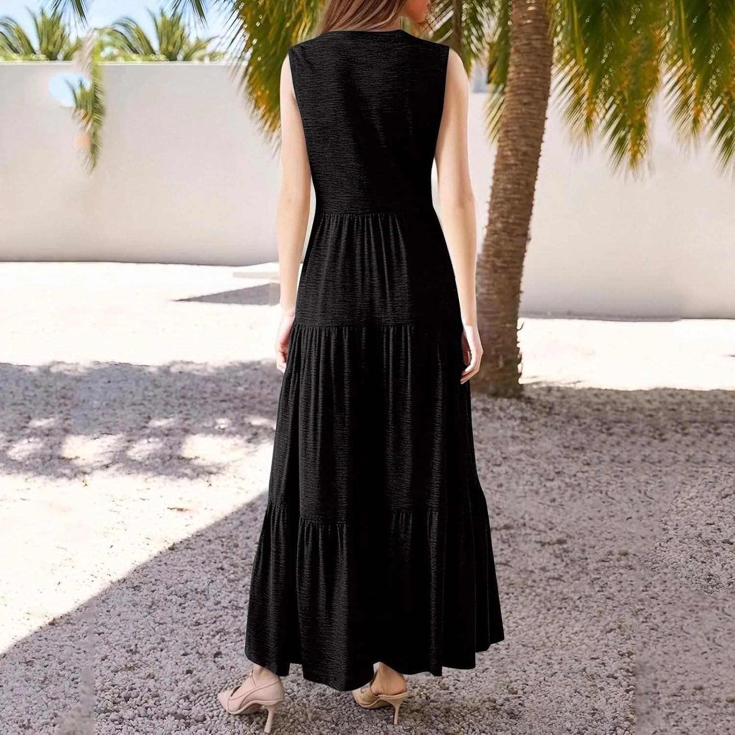 Summer Dresses for Women 2025 Casual Boho Maxi Sundresses Sleeveless V-Neck Pleated Dresses Beach Vacation Tank Dress