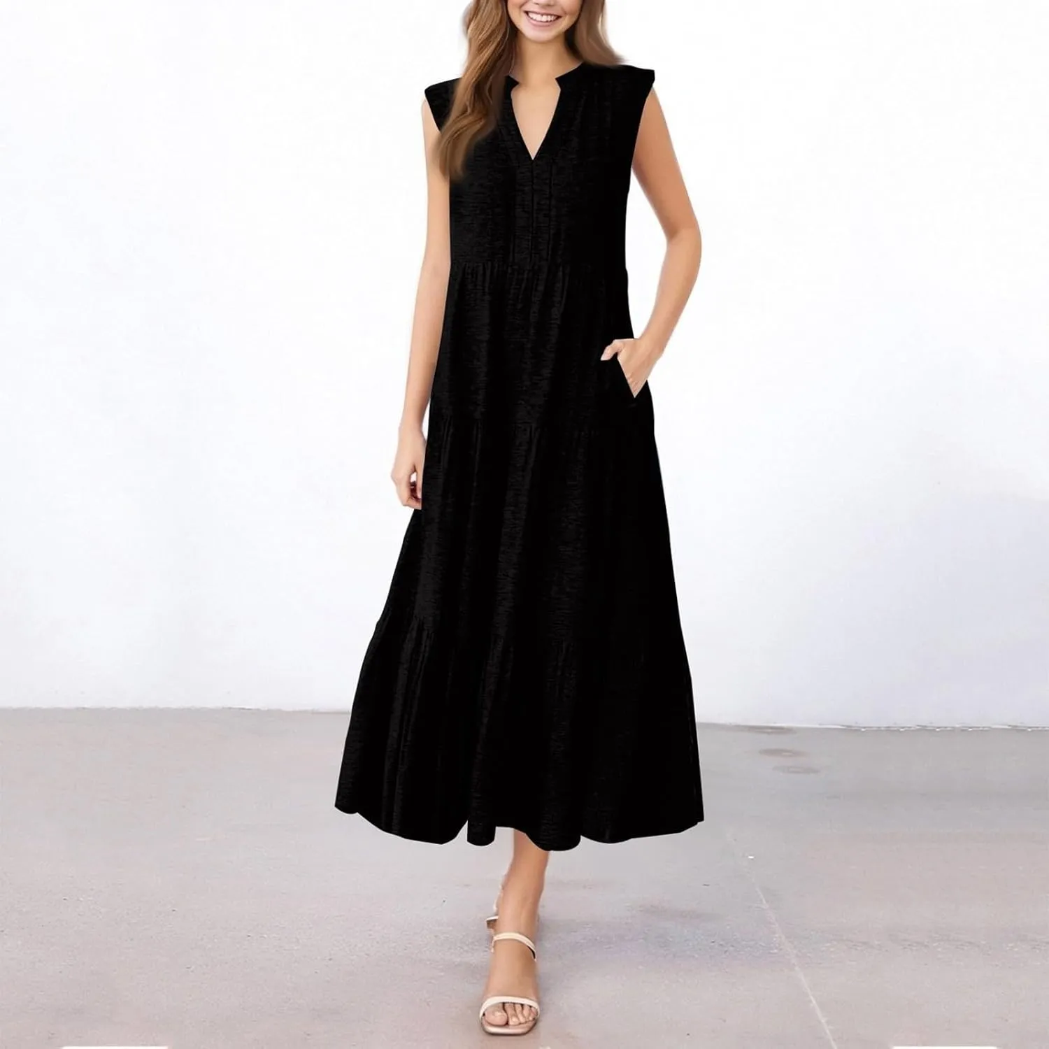 Summer Dresses for Women 2025 Casual Boho Maxi Sundresses Sleeveless V-Neck Pleated Dresses Beach Vacation Tank Dress