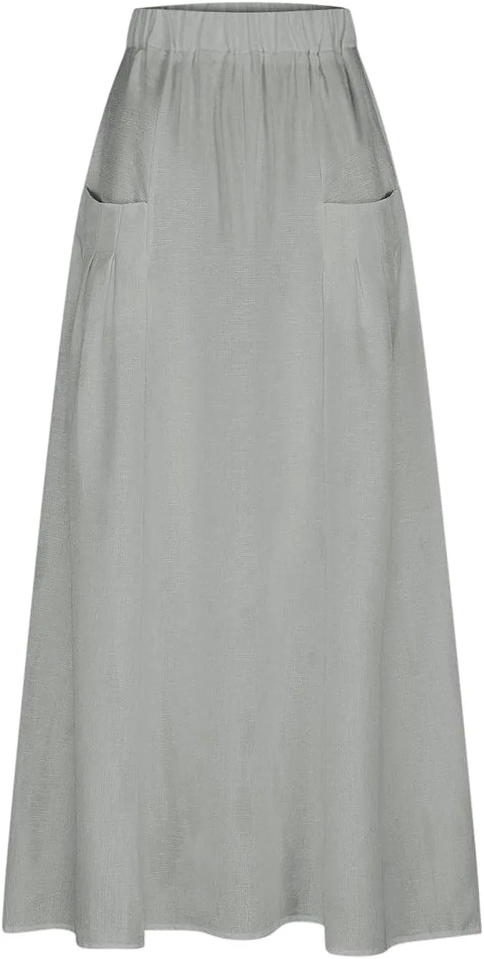 Summer Skirts for Women Long Boho Skirts with Pockets Plus Size Casual Skirts Elastic Waist Beach Skirt Cruise Wear