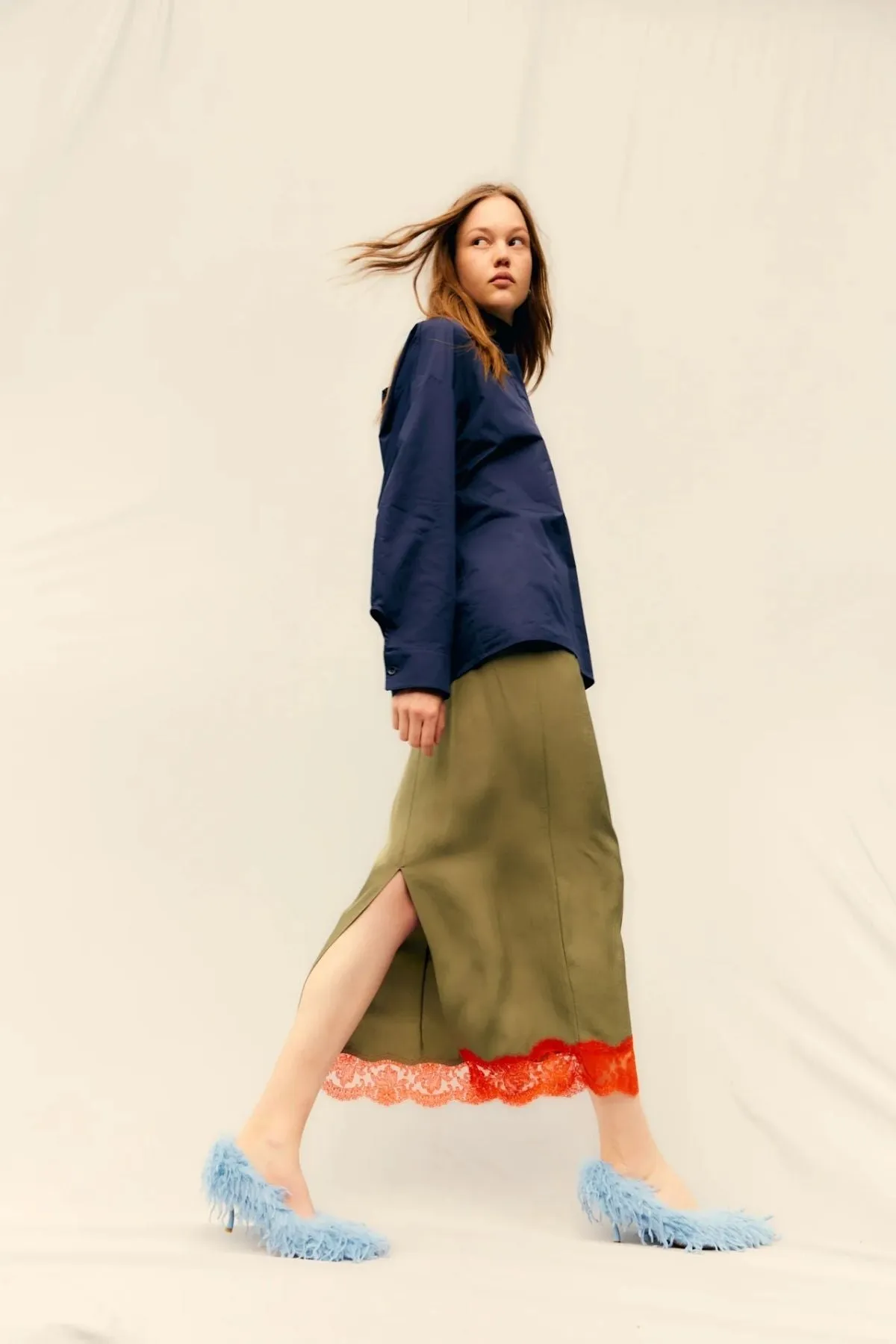 Tibi Lace Applique Slip Skirt - Olive/ Red Multi