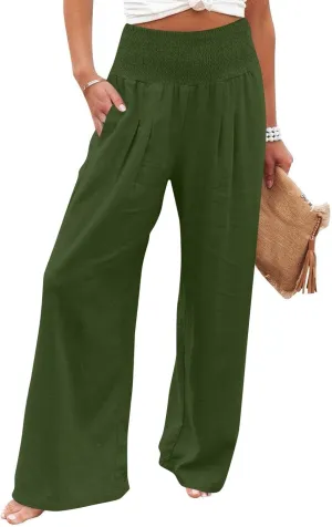Wide Leg Linen Pants for Women Summer Smocked High Waisted Casual Palazzo Pants Lounge Trouser with Pockets (S-XXL)