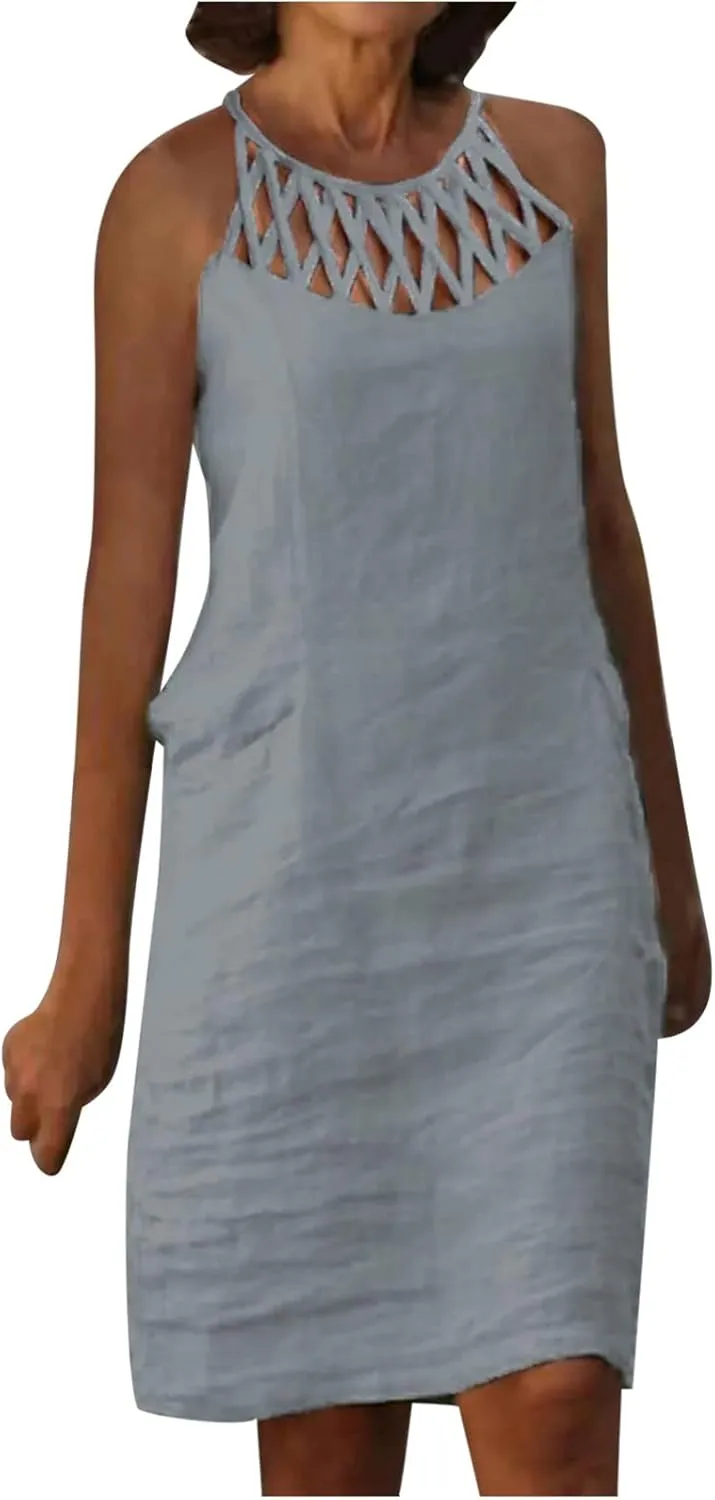 Women 2024 Summer Cotton Linen Dresses Hollow Out Crewneck Sleeveless Tank Dresses Casual Beach Sundress Outfits
