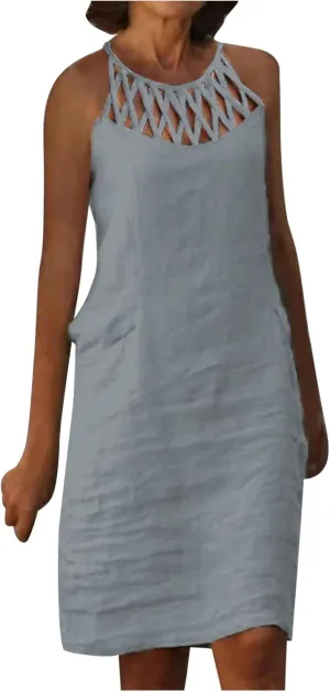 Women 2024 Summer Cotton Linen Dresses Hollow Out Crewneck Sleeveless Tank Dresses Casual Beach Sundress Outfits