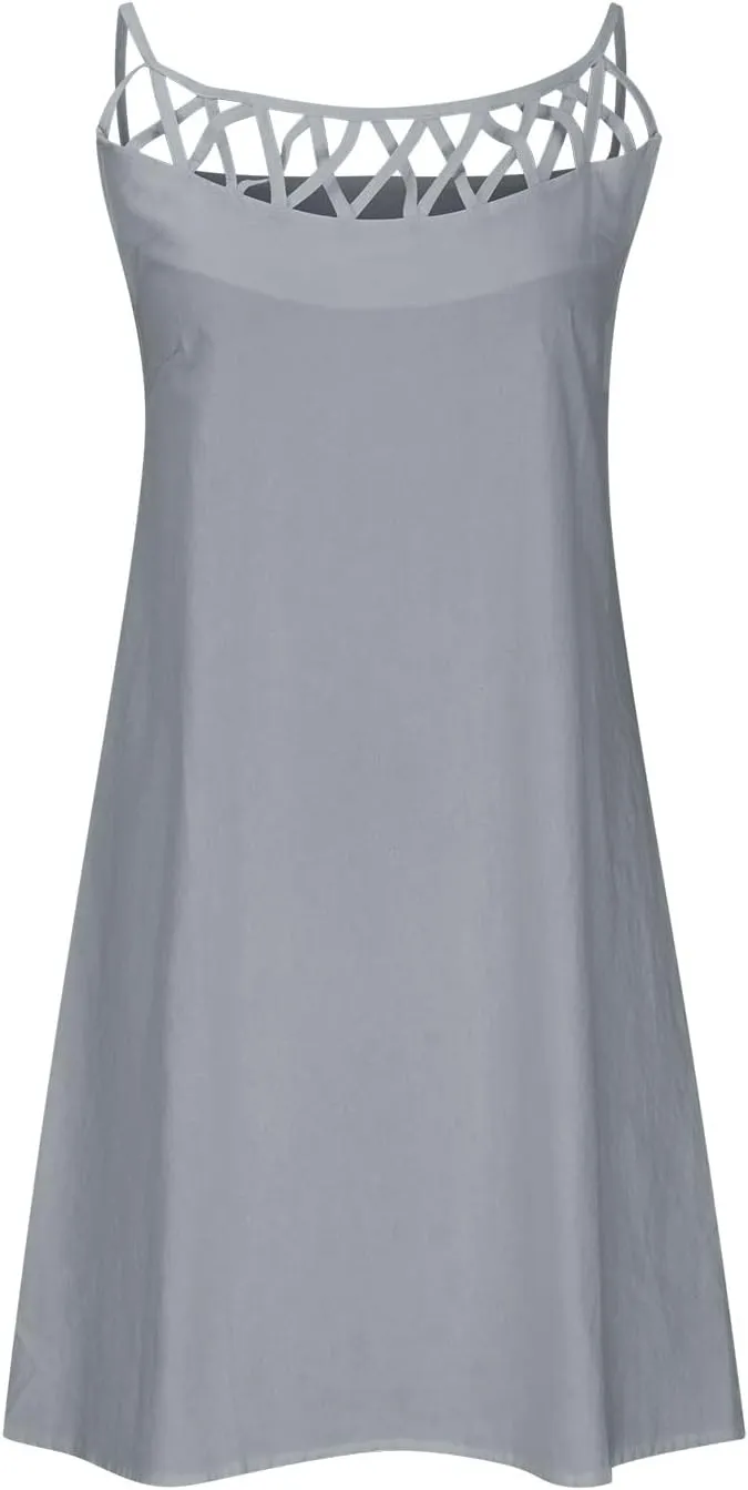 Women 2024 Summer Cotton Linen Dresses Hollow Out Crewneck Sleeveless Tank Dresses Casual Beach Sundress Outfits
