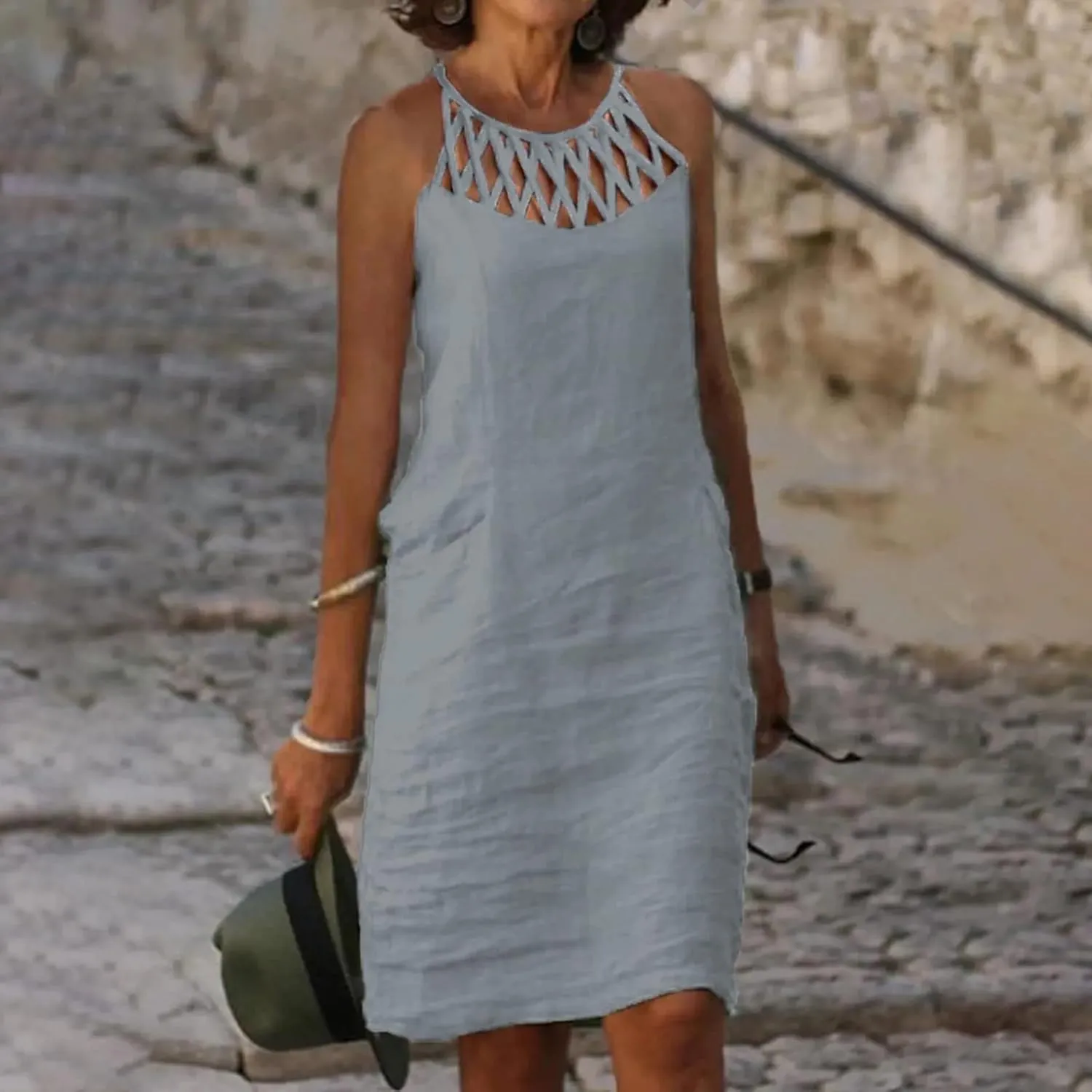 Women 2024 Summer Cotton Linen Dresses Hollow Out Crewneck Sleeveless Tank Dresses Casual Beach Sundress Outfits