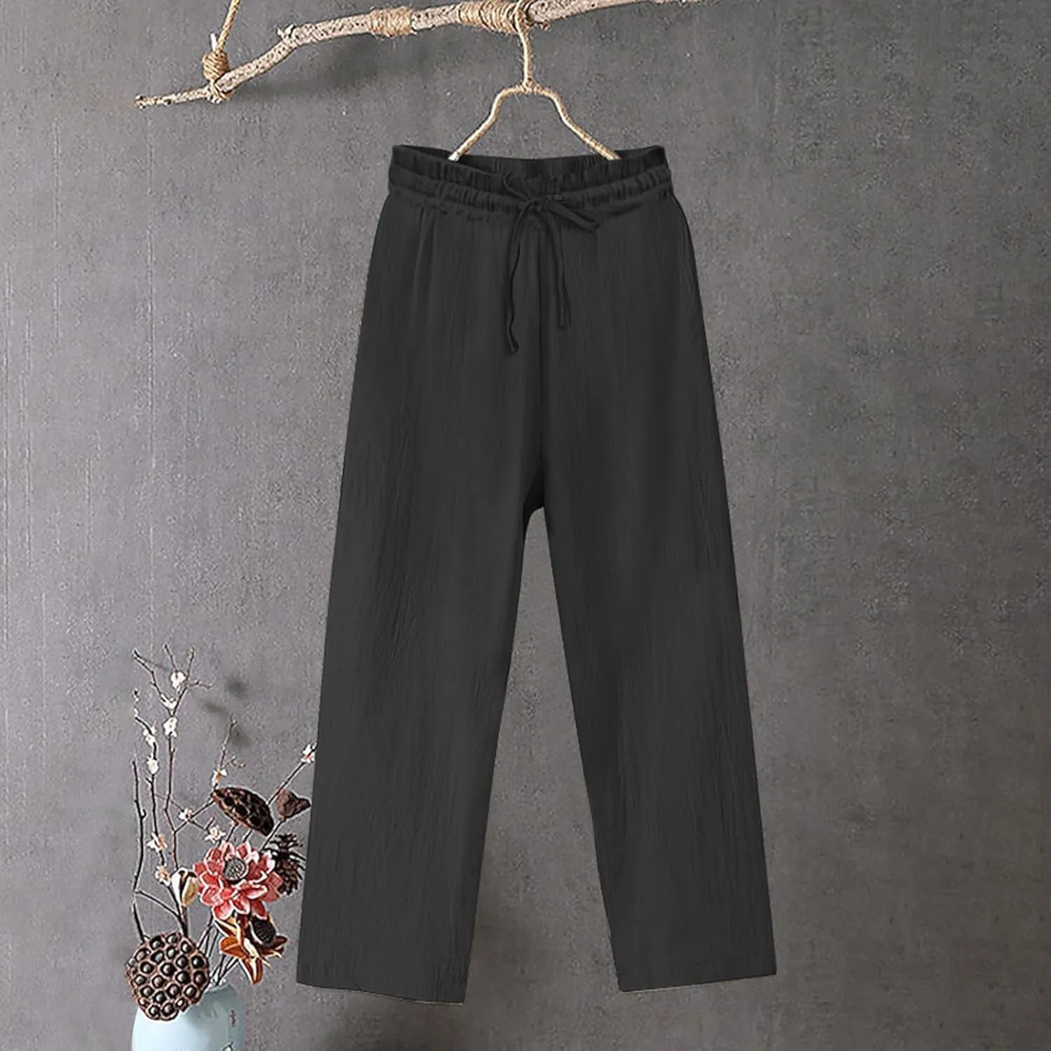 Women Cotton Linen Casual Pants, Summer Lightweight Loose Going Out Trendy Clothes Fashion Breathable Vacation Trousers