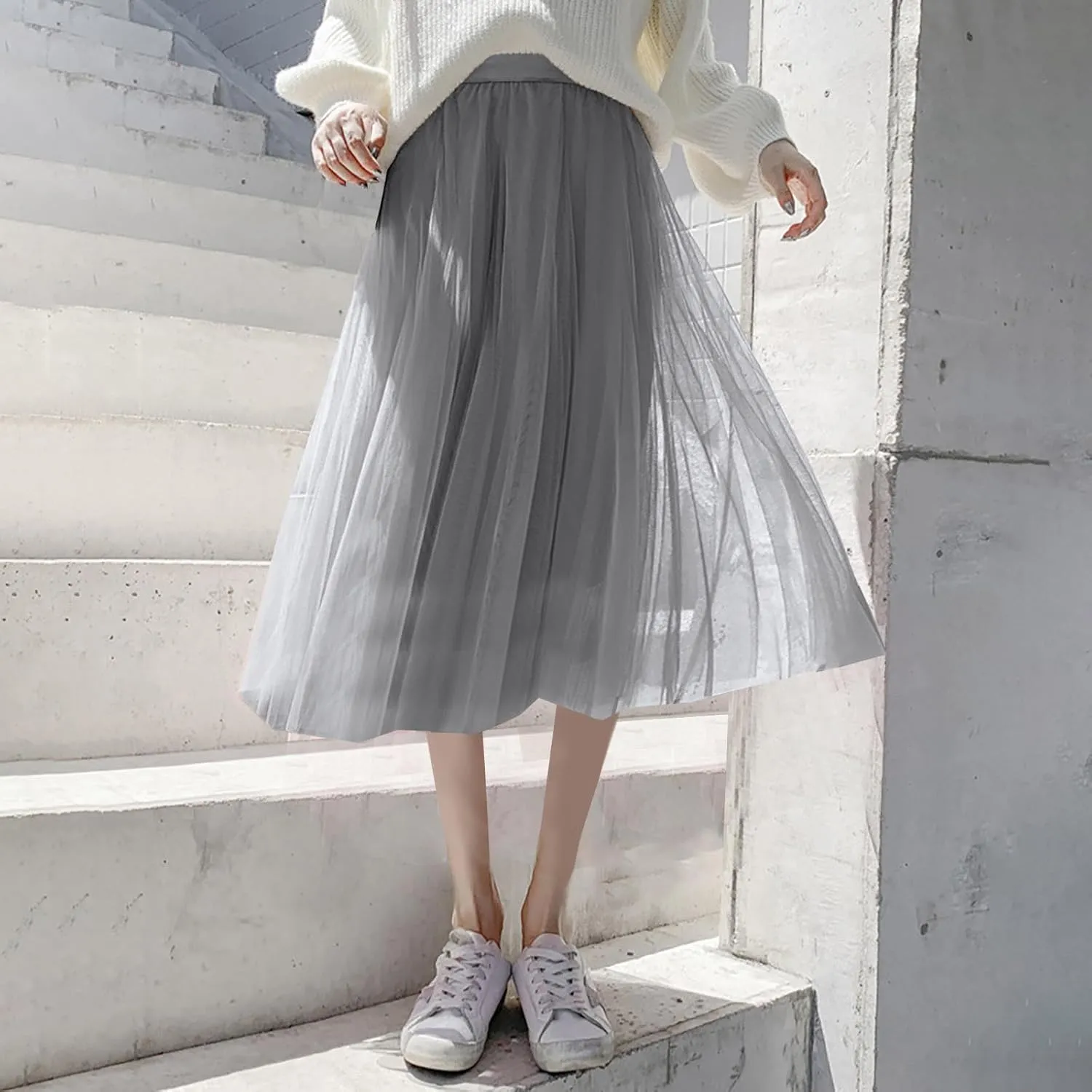 Women Flowy Tulle Swing Skirt, Elastic High Waist Tummy Control Casual A-Line Skirts Streetwear Trendy Midi Clothes
