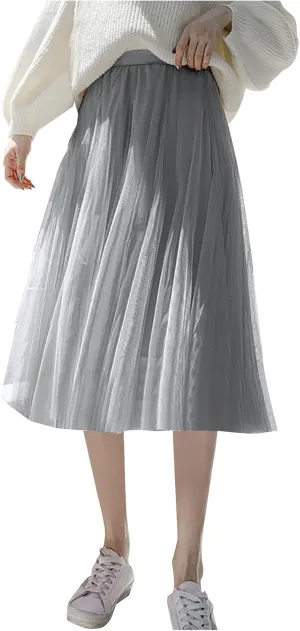 Women Flowy Tulle Swing Skirt, Elastic High Waist Tummy Control Casual A-Line Skirts Streetwear Trendy Midi Clothes