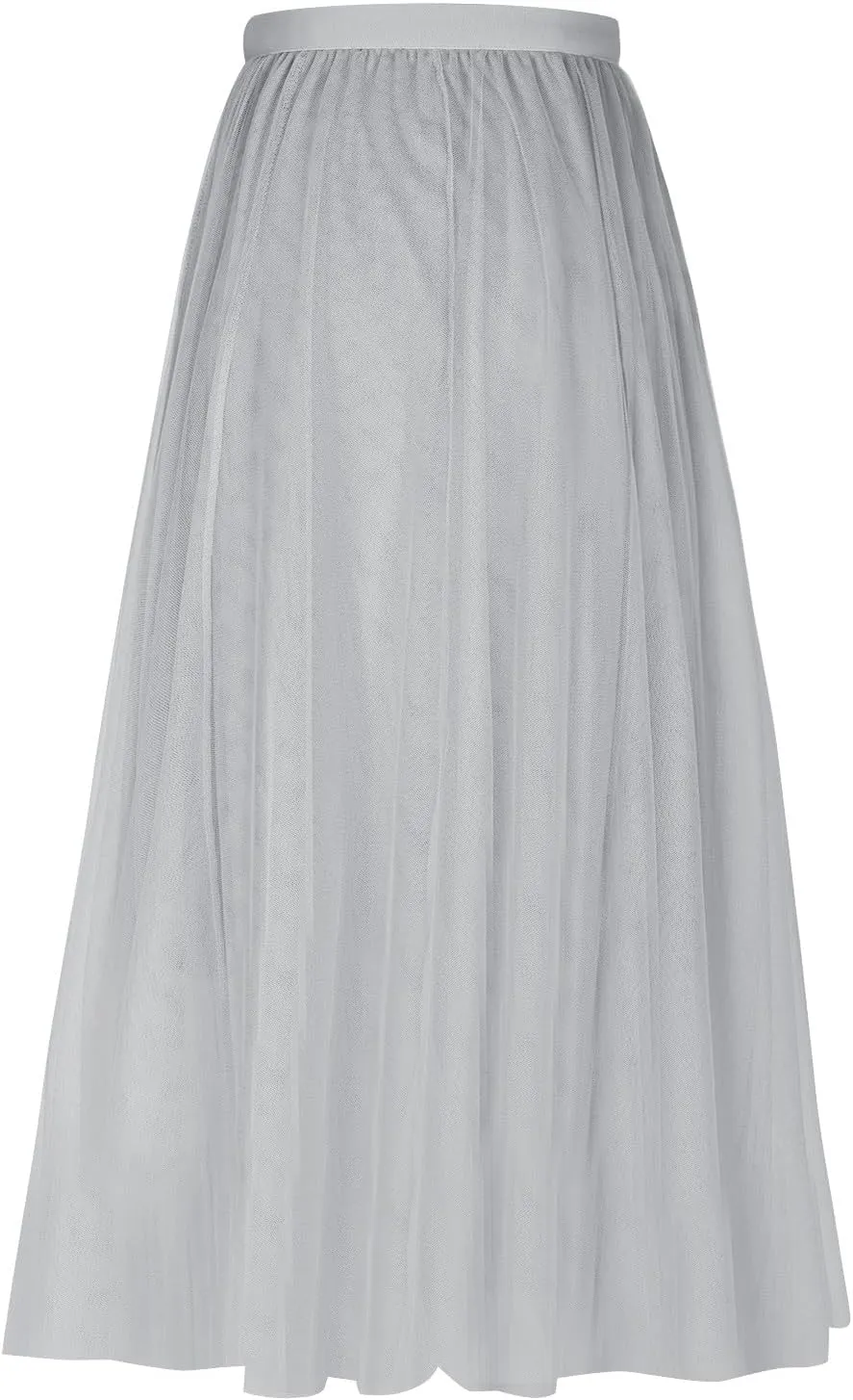 Women Flowy Tulle Swing Skirt, Elastic High Waist Tummy Control Casual A-Line Skirts Streetwear Trendy Midi Clothes