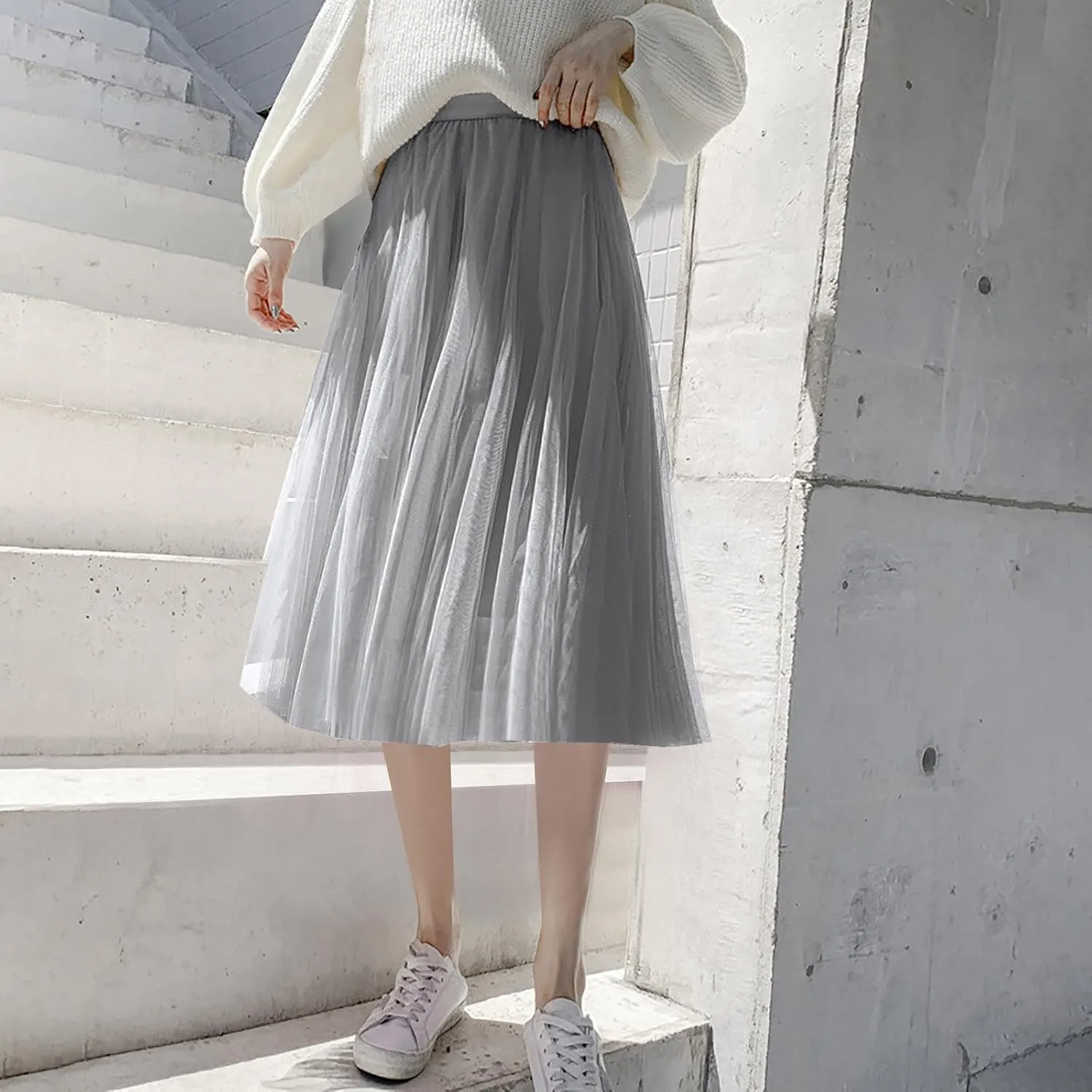 Women Flowy Tulle Swing Skirt, Elastic High Waist Tummy Control Casual A-Line Skirts Streetwear Trendy Midi Clothes