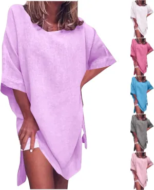 Women Summer Crew Neck Half Sleeve Midi Dress Casual Side Split Plus Size Wrinkle-Free Travel Vacation T Shirt Dress