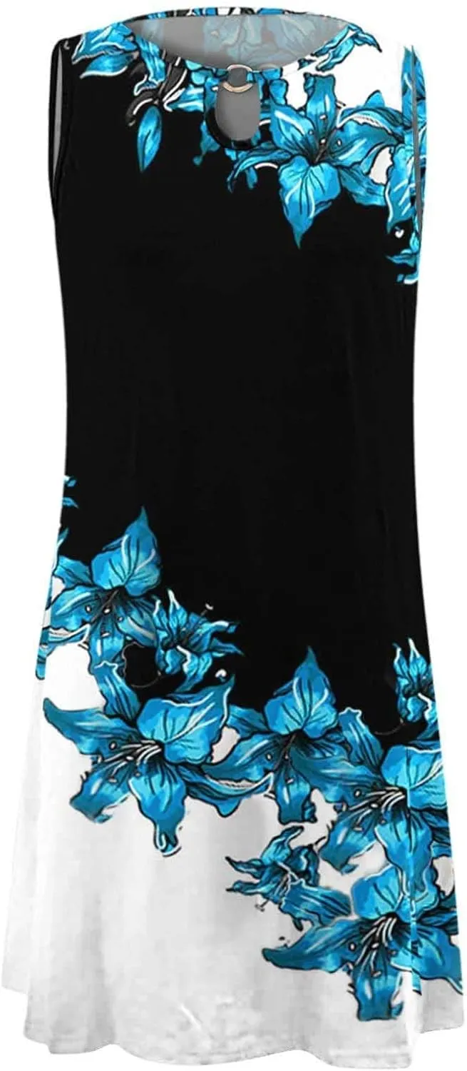 Women's 2024 Summer Dresses Sleeveless Floral Hollow Out V Neck Sundress Casual Slim Fit Beach Mini Tank Dress