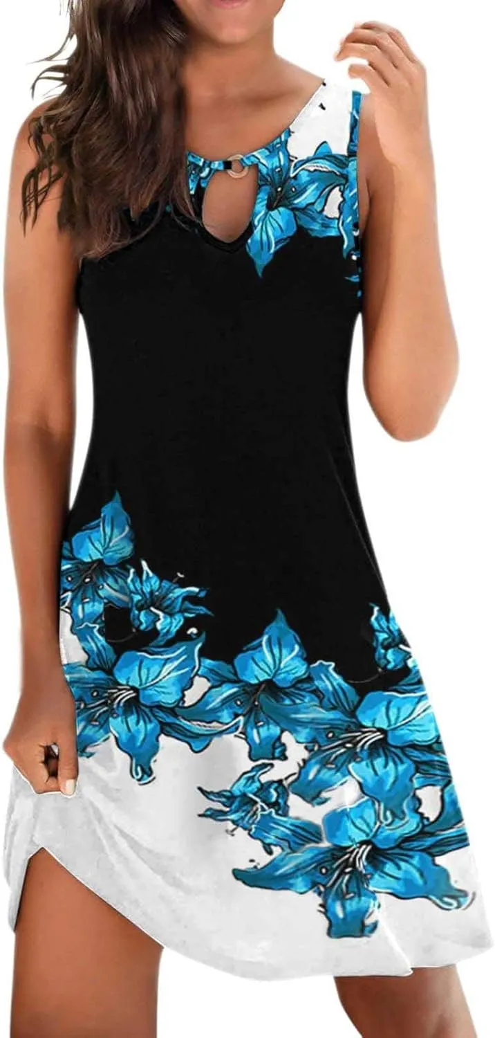 Women's 2024 Summer Dresses Sleeveless Floral Hollow Out V Neck Sundress Casual Slim Fit Beach Mini Tank Dress