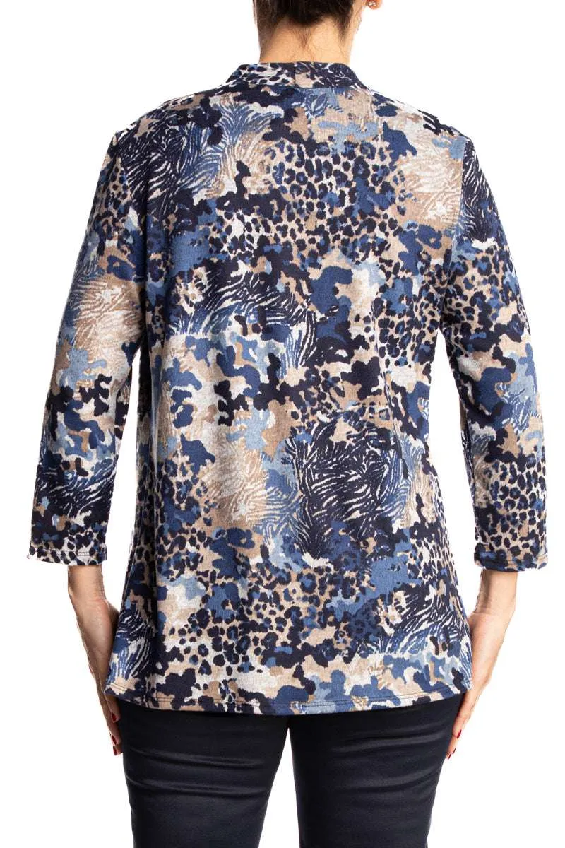 Women's Cardigan Jacket Blue And Tan Soft Quality Knit fabric flattering comfort Fit Our best Seller On Sale Made In Canada