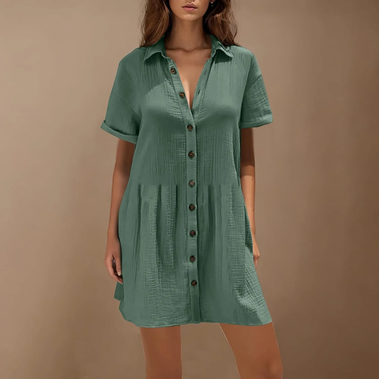 Womens Casual Short Sleeve Button Down Mini Shirt Dress Cotton Tunic Loose Beach Dress Tiered Ruffle Hem Shirt Dress