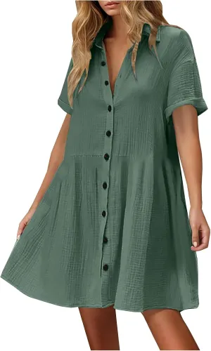 Womens Casual Short Sleeve Button Down Mini Shirt Dress Cotton Tunic Loose Beach Dress Tiered Ruffle Hem Shirt Dress