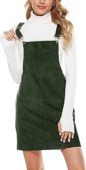 Women's Corduroy A Line Mini Dress Cute Jumper Pinafore Bib Overall Mini Dress Skirt Wide Straps Overalls Dress with Pockets