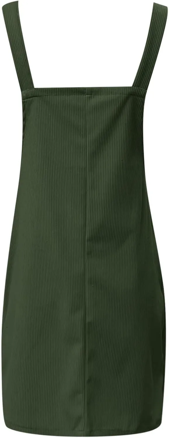 Women's Corduroy A Line Mini Dress Cute Jumper Pinafore Bib Overall Mini Dress Skirt Wide Straps Overalls Dress with Pockets
