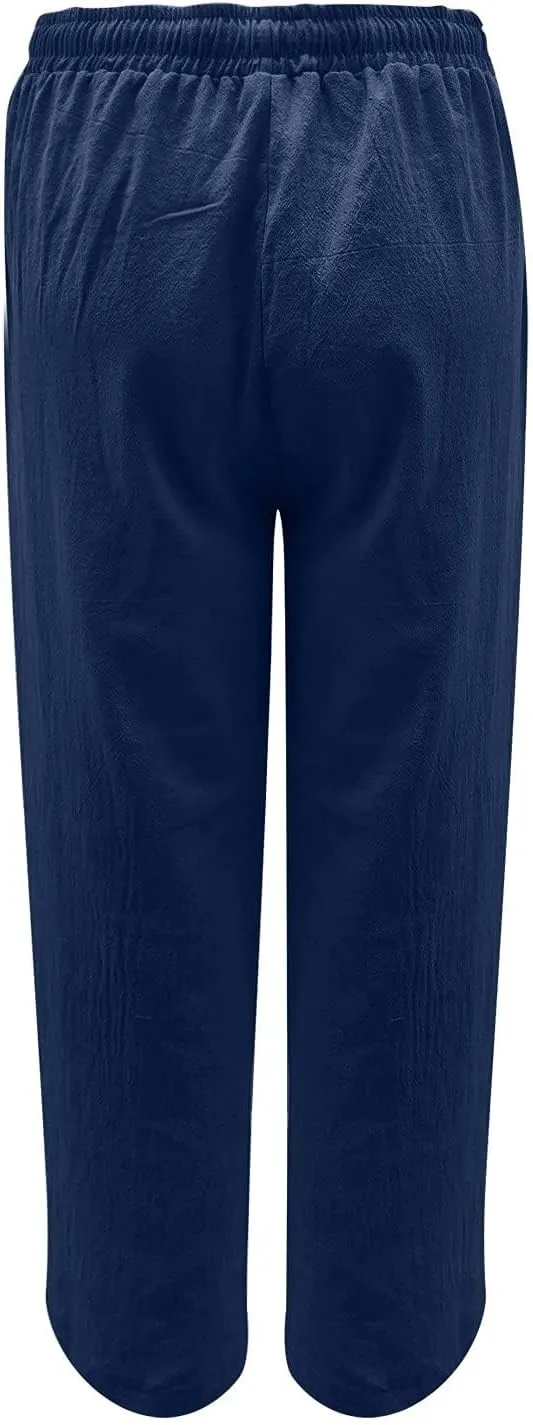 Womens Cotton Linen Pants Summer Wide Leg Pant Breathable Lightweight Trendy Lounge Pants Drawstring Waist Casual Pant